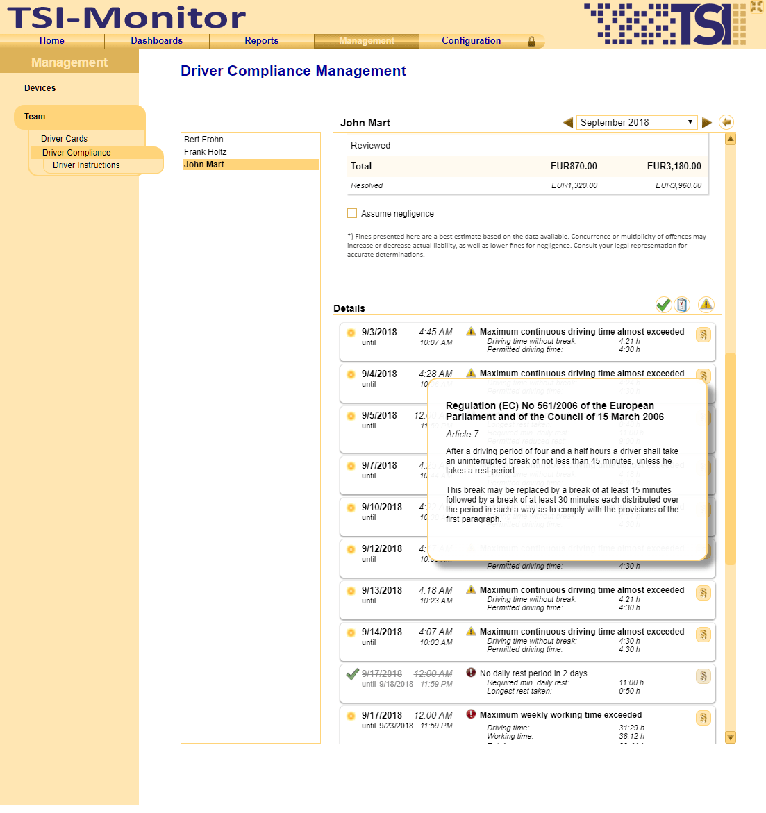 Easily manage violations of driving personnel law